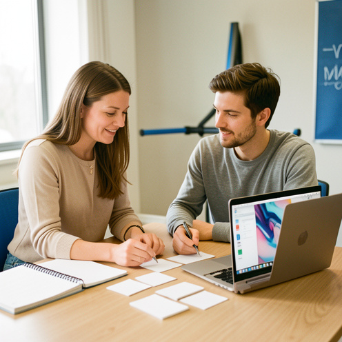 Une formatrice accompagne un jeune homme dans un espace moderne de formation, autour de supports vierges et d’un ordinateur.