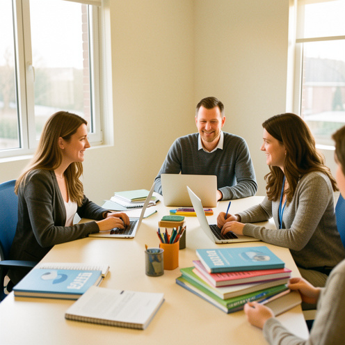 Centre de formation accueillant où deux femmes et un homme collaborent autour d’une table dans une atmosphère inclusive et professionnelle.