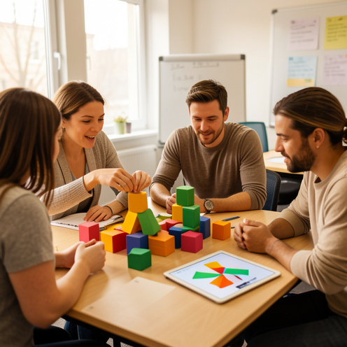 Une formatrice et trois adultes participent à un atelier de formation inclusif autour d’une table avec des éléments géométriques colorés et une tablette affichant des formes abstraites.