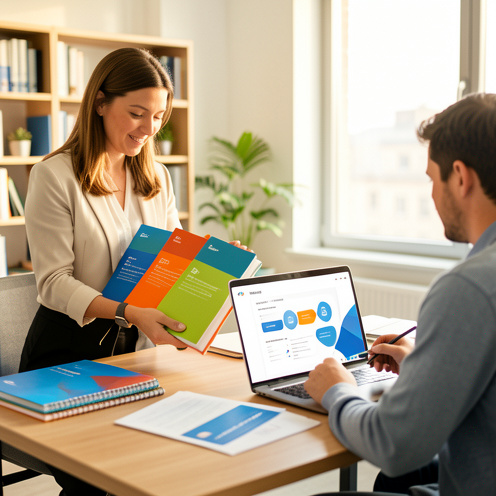 Une conseillère organise des supports de formation colorés près d’un ordinateur pendant qu’un apprenant consulte un plan visuel dans un bureau lumineux.