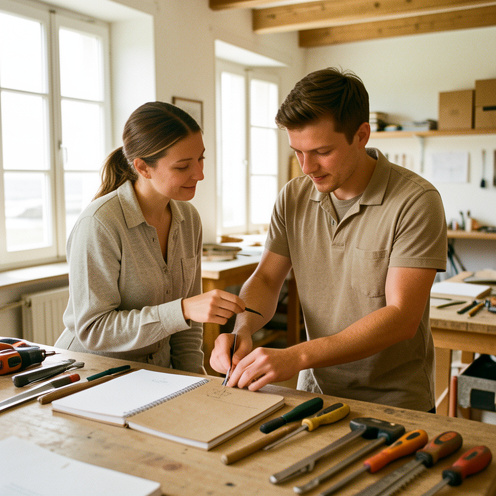 Une formatrice accompagne un jeune homme dans un atelier de formation lumineux, avec une ambiance chaleureuse et une architecture évoquant la Bretagne.