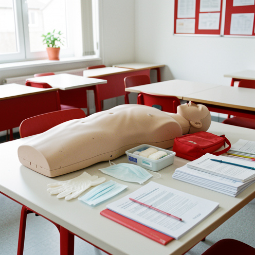 Matériel de formation aux premiers secours disposé sur une table dans une salle de cours, avec un mannequin de réanimation, une trousse médicale, des bandages et des gants.