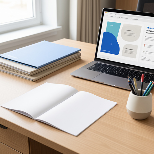 Bureau moderne présentant un catalogue vierge, des dossiers de formation et un ordinateur aux interfaces abstraites, dans une ambiance professionnelle et organisée.
