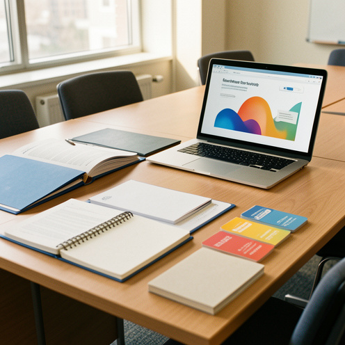 Table de formation professionnelle organisée avec cahiers vierges, dossiers, cartes pédagogiques colorées et ordinateur affichant une interface abstraite.