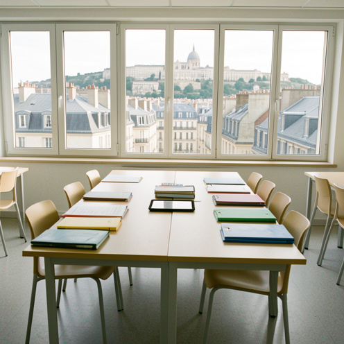 Centre de formation moderne à Lyon avec des bureaux, du matériel pédagogique et une vue sur les toits historiques ainsi que la basilique de Fourvière.
