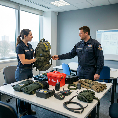 Salle moderne de formation en sécurité où une formatrice présente du matériel de protection à un stagiaire, avec des équipements professionnels soigneusement disposés.