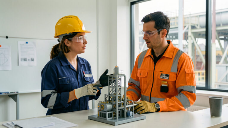 Une ouvrière en tenue de protection échange avec un formateur en sécurité et compare des équipements adaptés à son métier dans une salle de formation industrielle.