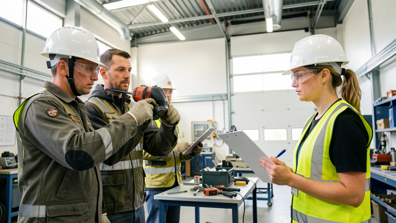 Une formatrice observe un travailleur portant des équipements de protection pendant un exercice pratique de sécurité, tandis qu’une superviseuse évalue sa technique dans un atelier industriel.