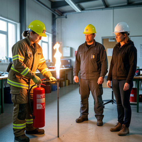 Une formatrice en sécurité incendie montre l’utilisation d’un extincteur devant une flamme contrôlée, tandis qu’un homme et une femme observent attentivement.