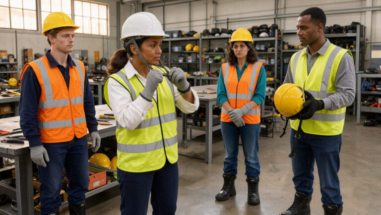 Une formatrice montre les équipements de protection à trois travailleurs intérimaires dans un atelier industriel.
