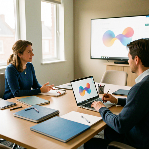 Salle de formation professionnelle lumineuse avec une formatrice et deux apprenants autour de supports vierges, dans une ambiance collaborative et organisée.