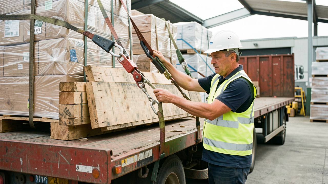 Un camion à plateforme chargé de marchandises solidement maintenues par des sangles, inspectées par un travailleur portant un gilet haute visibilité et un casque dans une cour industrielle.