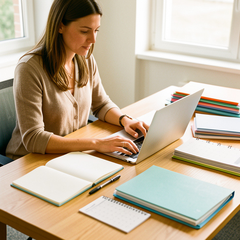 Une formatrice prépare un atelier professionnel avec un ordinateur, un carnet vierge, un stylo, un calendrier sans inscription et des dossiers soigneusement organisés.