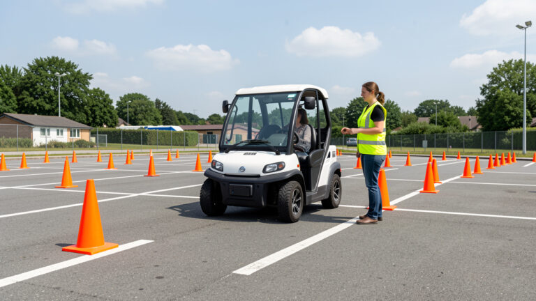 Une voiture d’apprentissage effectue une marche arrière sur une aire balisée, guidée par une instructrice en gilet haute visibilité, avec des cônes et des barrières de sécurité.