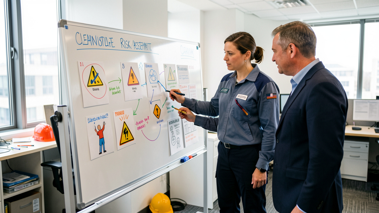Une formatrice et deux managers analysent ensemble les risques professionnels et les mesures de prévention dans un atelier de travail moderne.