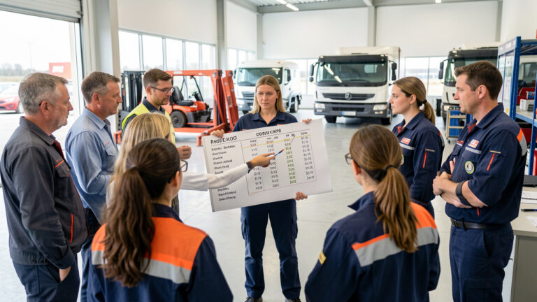 Une formatrice présente des pratiques de gestion de la fatigue à une équipe diversifiée de conducteurs dans une salle de formation dédiée à la sécurité des transports.