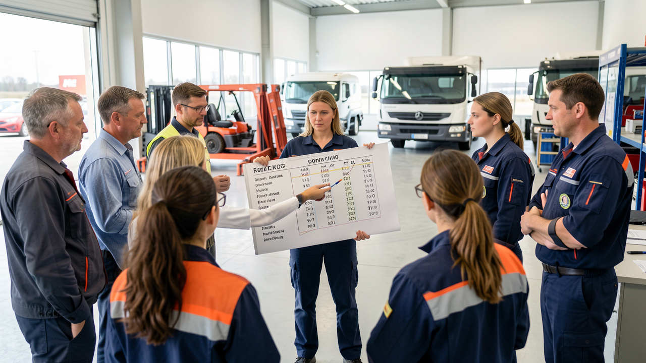 Une formatrice présente des pratiques de gestion de la fatigue à une équipe diversifiée de conducteurs dans une salle de formation dédiée à la sécurité des transports.