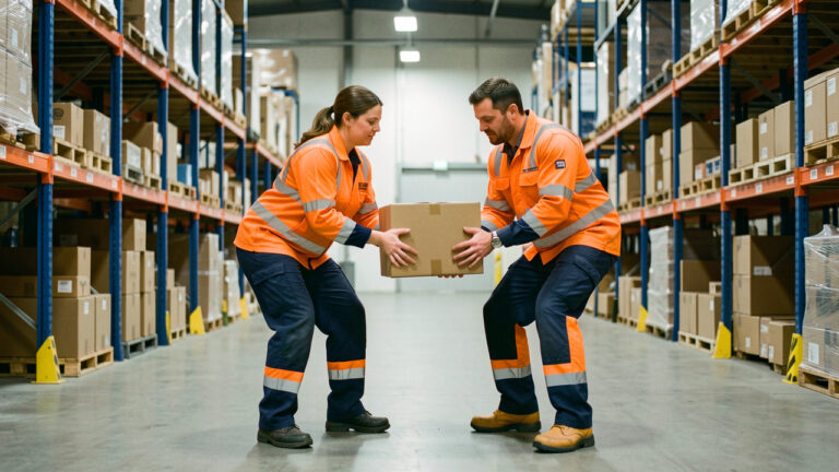 Une formatrice montre à un homme travaillant en entrepôt la bonne posture pour soulever un carton en toute sécurité.