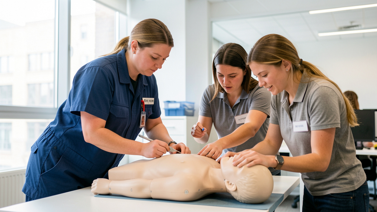 Une formatrice montre des gestes de premiers secours à deux salariés lors d’une formation à la gestion des situations d’urgence dans un bureau moderne.