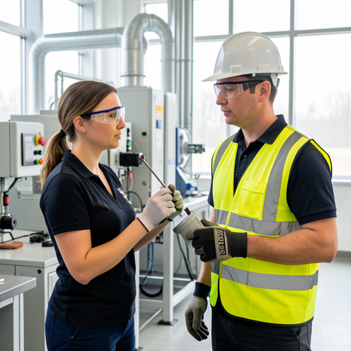 Une formatrice explique des procédures de sécurité professionnelle à un technicien portant un équipement de protection dans un centre de formation industriel.
