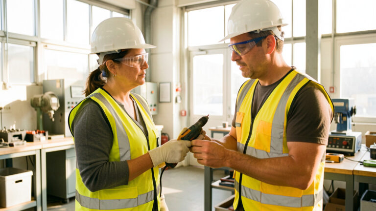 Une responsable de la sécurité montre des équipements de protection à un salarié dans un atelier industriel organisé.