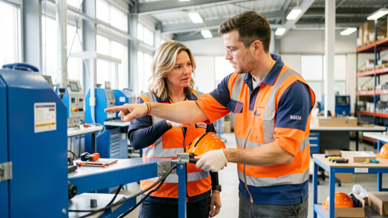 Une manager montre à un collègue les bonnes pratiques de sécurité et l’utilisation des équipements de protection dans un environnement professionnel.
