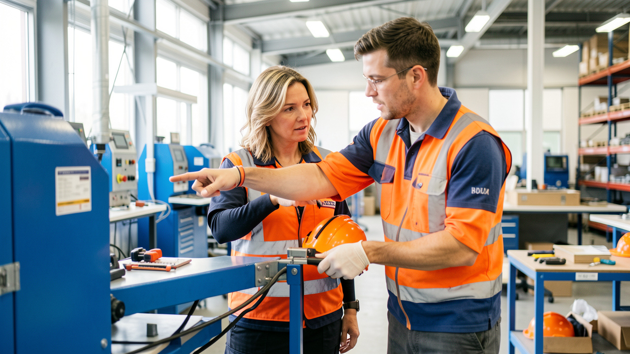 Une manager montre à un collègue les bonnes pratiques de sécurité et l’utilisation des équipements de protection dans un environnement professionnel.