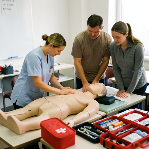 Une formatrice montre une technique de premiers secours sur un mannequin pendant qu’un homme et une femme en formation observent attentivement dans une salle équipée.