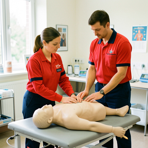 Une formatrice montre à un homme comment pratiquer un massage cardiaque sur un mannequin de formation dans une salle claire dédiée aux premiers secours.