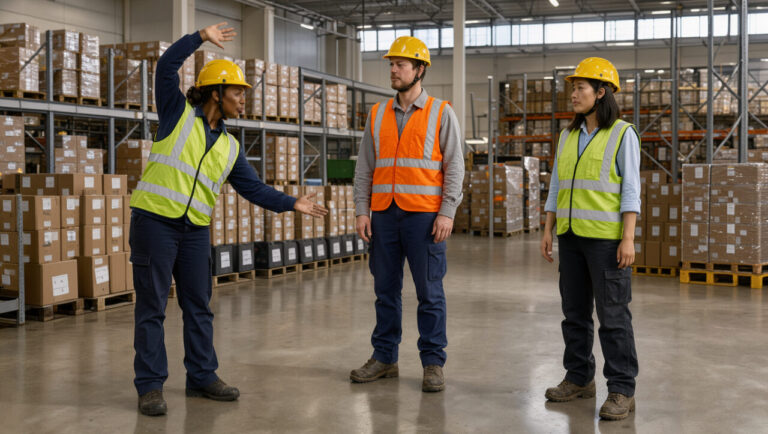 Une formatrice montre à deux employés de la logistique des exercices d’étirement dans un entrepôt organisé, afin de prévenir la fatigue liée aux horaires décalés.