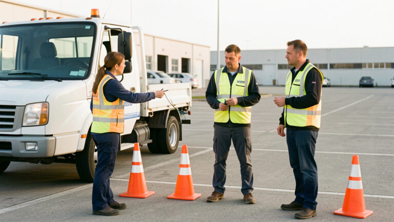 Une formatrice explique les bonnes pratiques de conduite préventive à trois employés près d’un véhicule utilitaire et de cônes de sécurité.