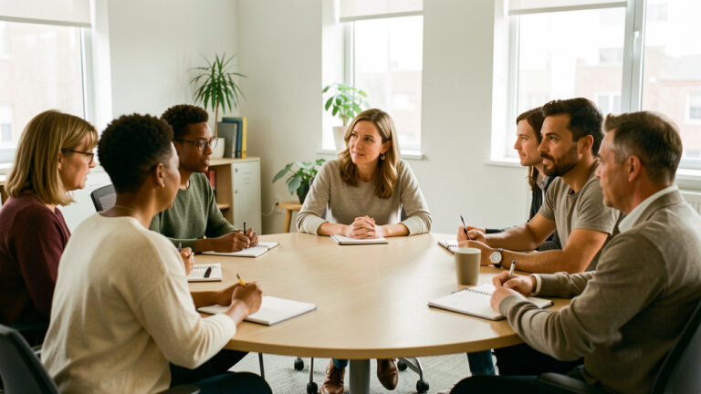 Une formatrice anime un atelier bienveillant sur la prévention des risques psychosociaux avec un groupe diversifié de salariés dans un bureau lumineux.