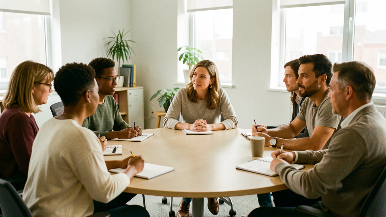 Une formatrice anime un atelier bienveillant sur la prévention des risques psychosociaux avec un groupe diversifié de salariés dans un bureau lumineux.