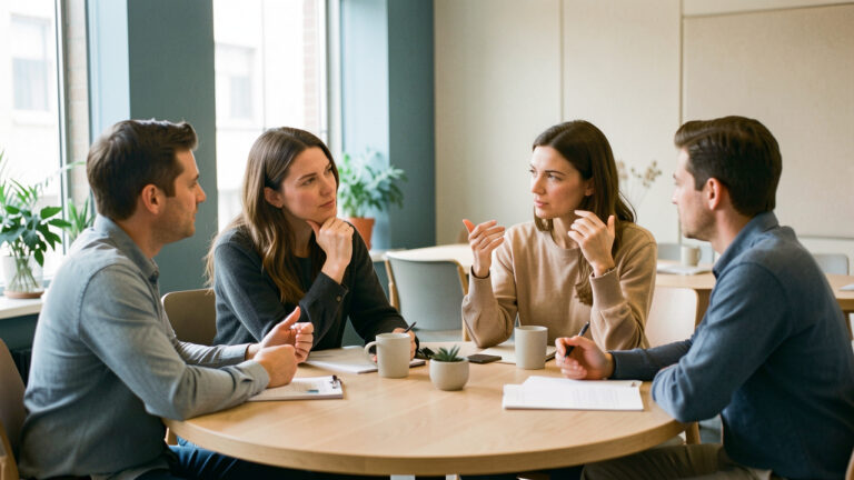 Une formatrice échange avec deux collègues autour d’une table dans un espace de travail, illustrant l’identification précoce des signaux de stress et la prévention des risques psychosociaux.