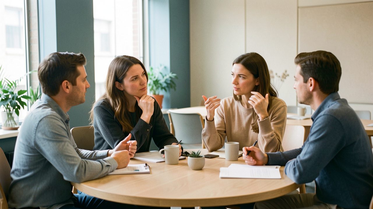Une formatrice échange avec deux collègues autour d’une table dans un espace de travail, illustrant l’identification précoce des signaux de stress et la prévention des risques psychosociaux.