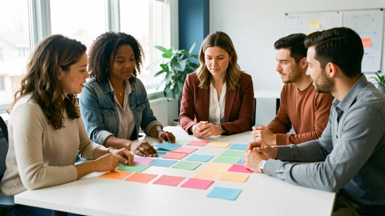 Une formatrice et trois collègues construisent ensemble un programme personnalisé de prévention du bien-être au travail dans un bureau lumineux.