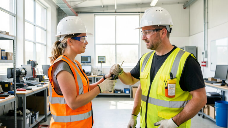 Une formatrice montre à un homme comment utiliser correctement des équipements de protection dans un centre de formation à la sécurité au travail.