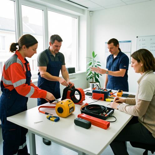 Une formatrice montre des techniques de prévention des urgences à quatre participants dans une salle de formation moderne en France.
