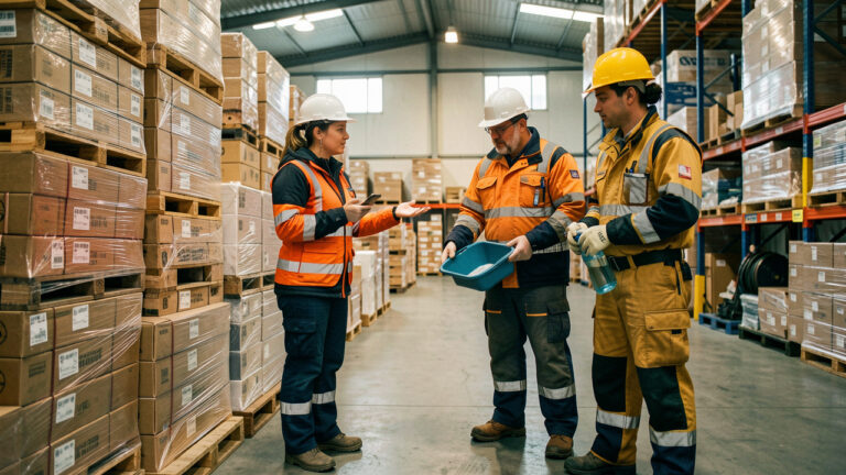 Une formatrice montre à deux employés d’entrepôt comment se protéger de la chaleur et du froid avec des vêtements adaptés, de l’hydratation et du matériel de sécurité.
