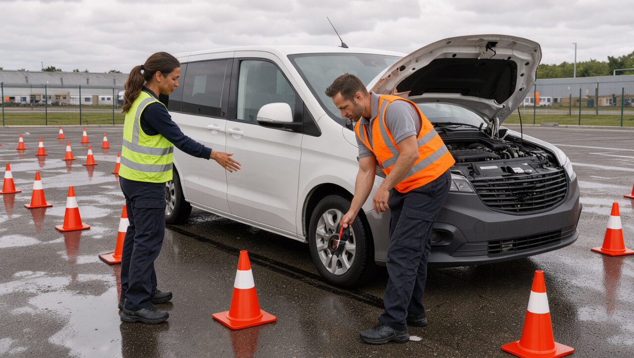 Une formatrice en sécurité routière accompagne un salarié lors d’un exercice professionnel près d’un véhicule utilitaire, dans une zone balisée par des cônes.