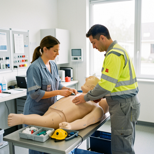 Une formatrice montre à un homme les gestes de premiers secours sur un mannequin dans une salle de formation professionnelle.