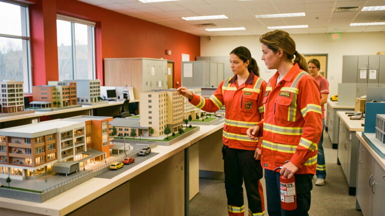 Une formatrice en sécurité incendie présente des exercices d’évacuation adaptés à plusieurs types d’établissements devant des maquettes de bureaux, d’école, d’hôtel et d’entrepôt.