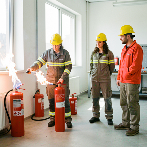 Une formatrice en sécurité montre l’utilisation d’un extincteur devant deux stagiaires dans une salle de formation dédiée à la prévention des incendies.