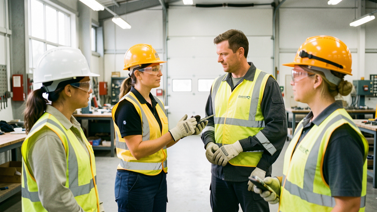 Une formatrice montre des équipements de protection à un homme et une femme intérimaires dans un atelier industriel lumineux.
