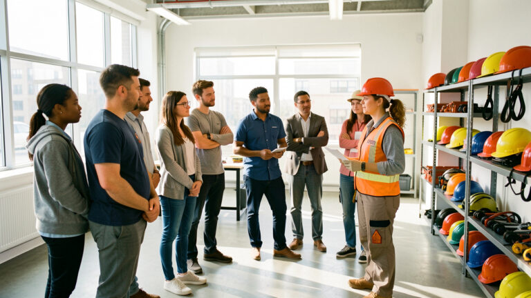 Un groupe de nouveaux employés suit une formation d’accueil à la sécurité dans une salle moderne, avec une formatrice portant des équipements de protection.