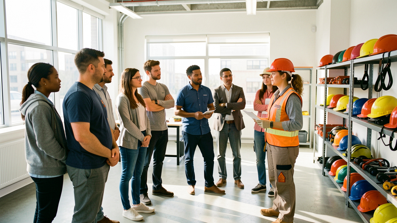 Un groupe de nouveaux employés suit une formation d’accueil à la sécurité dans une salle moderne, avec une formatrice portant des équipements de protection.