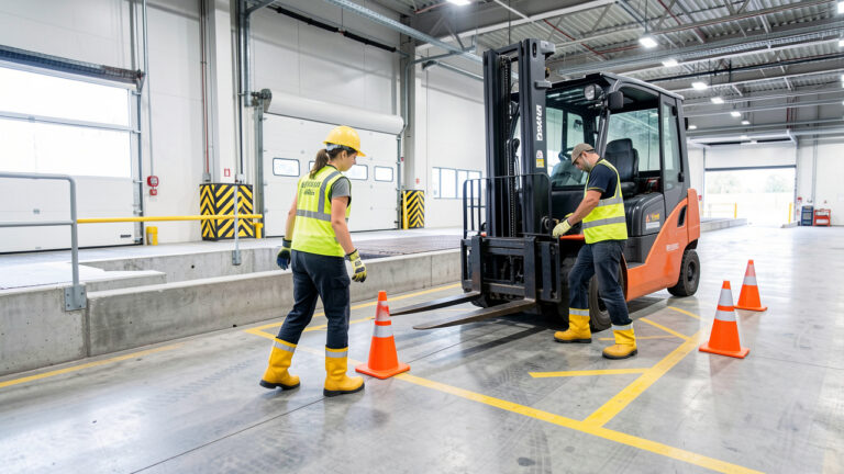 Une formatrice et un agent logistique en équipements de protection pratiquent les règles de sécurité sur un quai de chargement, près d’un chariot élévateur immobilisé et de zones balisées.