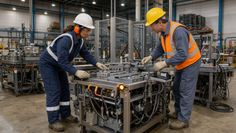 Une formatrice en sécurité et un ouvrier examinent ensemble un équipement dans un atelier industriel afin d’adapter la formation aux conditions réelles de travail.