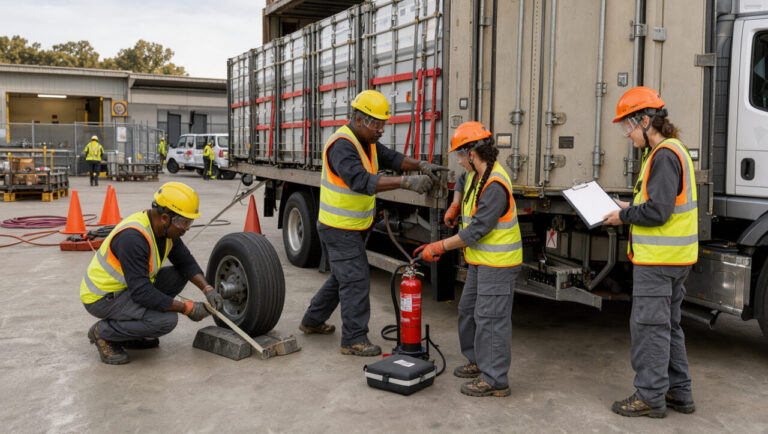 Équipe en tenue de protection effectuant une inspection de sécurité autour d’un camion de transport de marchandises dangereuses.