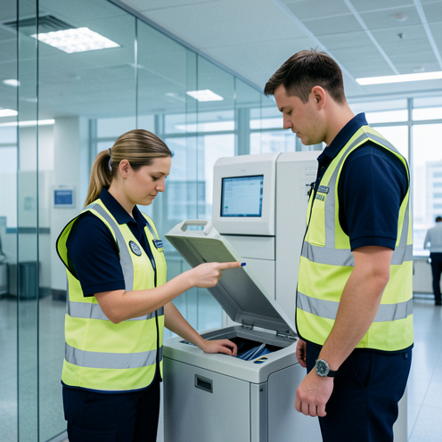 Une formatrice en sûreté aéroportuaire montre à un stagiaire comment effectuer un contrôle de bagages dans un centre de formation moderne.